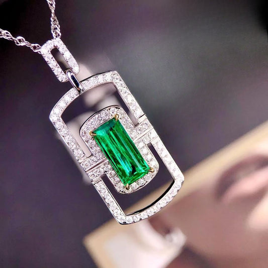 3.10Ct Green Baguette Cut Halo Pendant | Birthday Gift Pendant For Women | Stunning Pendant | Forever One Pendant