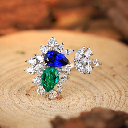 2.5Ct Blue Pear And Green Pear Cut Two Stone Ring | Elegant Ring | Glamorous Ring | Party Wear Ring