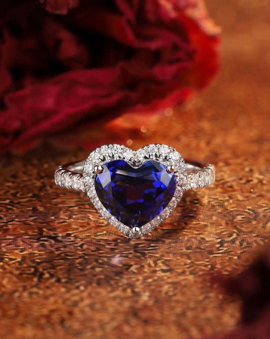 3.5CT Blue Heart Cut Halo Ring | Anniversary Gift Ring For Wife | Promise Ring | Bridesmaid Gifts