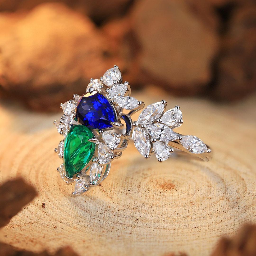 2.5Ct Blue Pear And Green Pear Cut Two Stone Ring | Elegant Ring | Glamorous Ring | Party Wear Ring