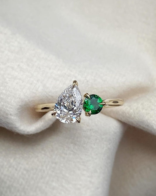 2.4Ct Green Round And White Pear Cut Two Stone Ring | Special Occasion Ring | Birthday Gift Ring For Her | Dainty Ring