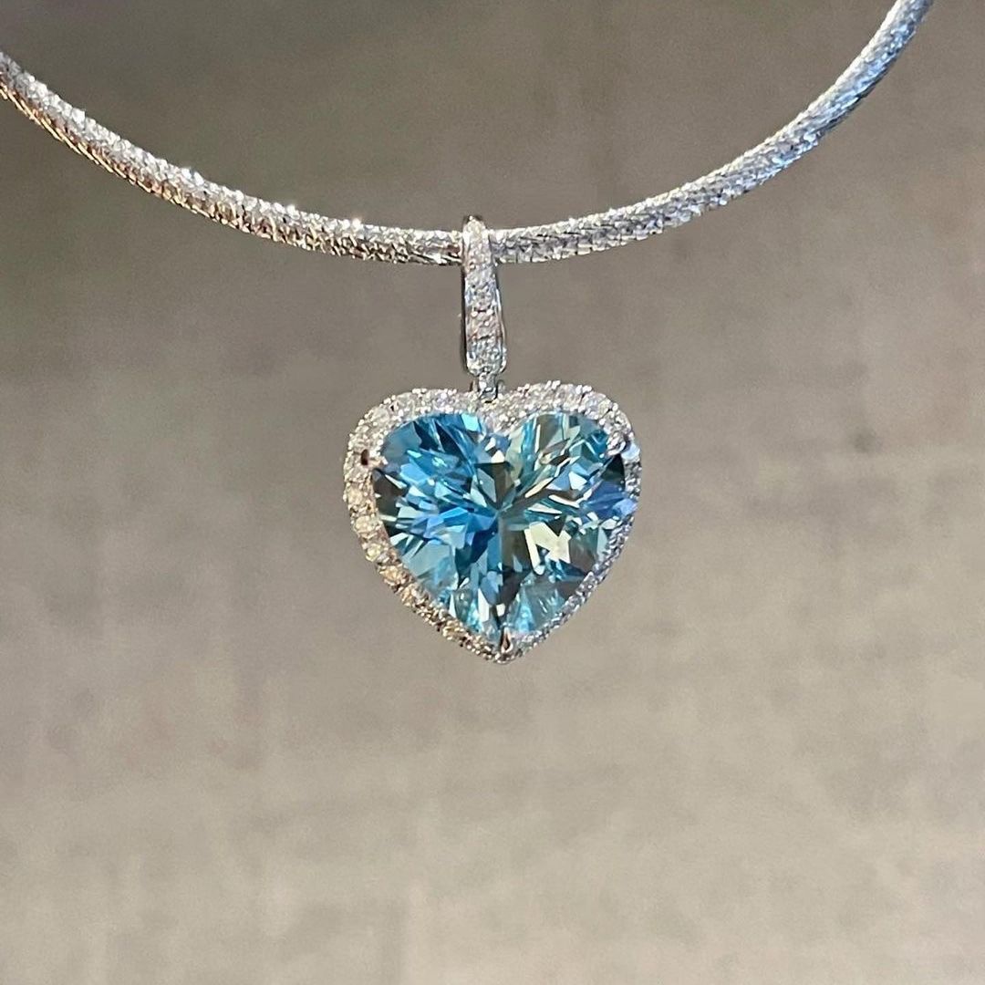 3.10Ct Aquamarine Color Heart Cut Halo Pendant | Anniversary Gift Pendant | Designer Jewelry Piece | Stunning Pendant For Women