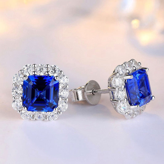 Blue Asscher Cut Cubic Zirconia Halo Stud Earrings For Ladies | Party Wear Earring For Women | Perfect Occasion Gift Earring For Her