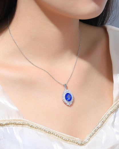 3.30Ct Blue Oval Cut Double Halo Pendant | Party Wear Pendant For Women | Bridal Jewelry | Special Event Pendant