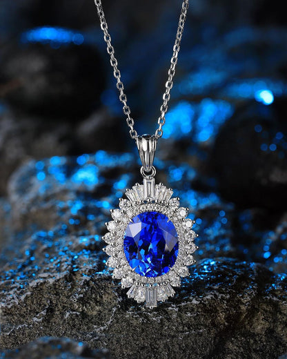 3.30Ct Blue Oval Cut Double Halo Pendant | Party Wear Pendant For Women | Bridal Jewelry | Special Event Pendant