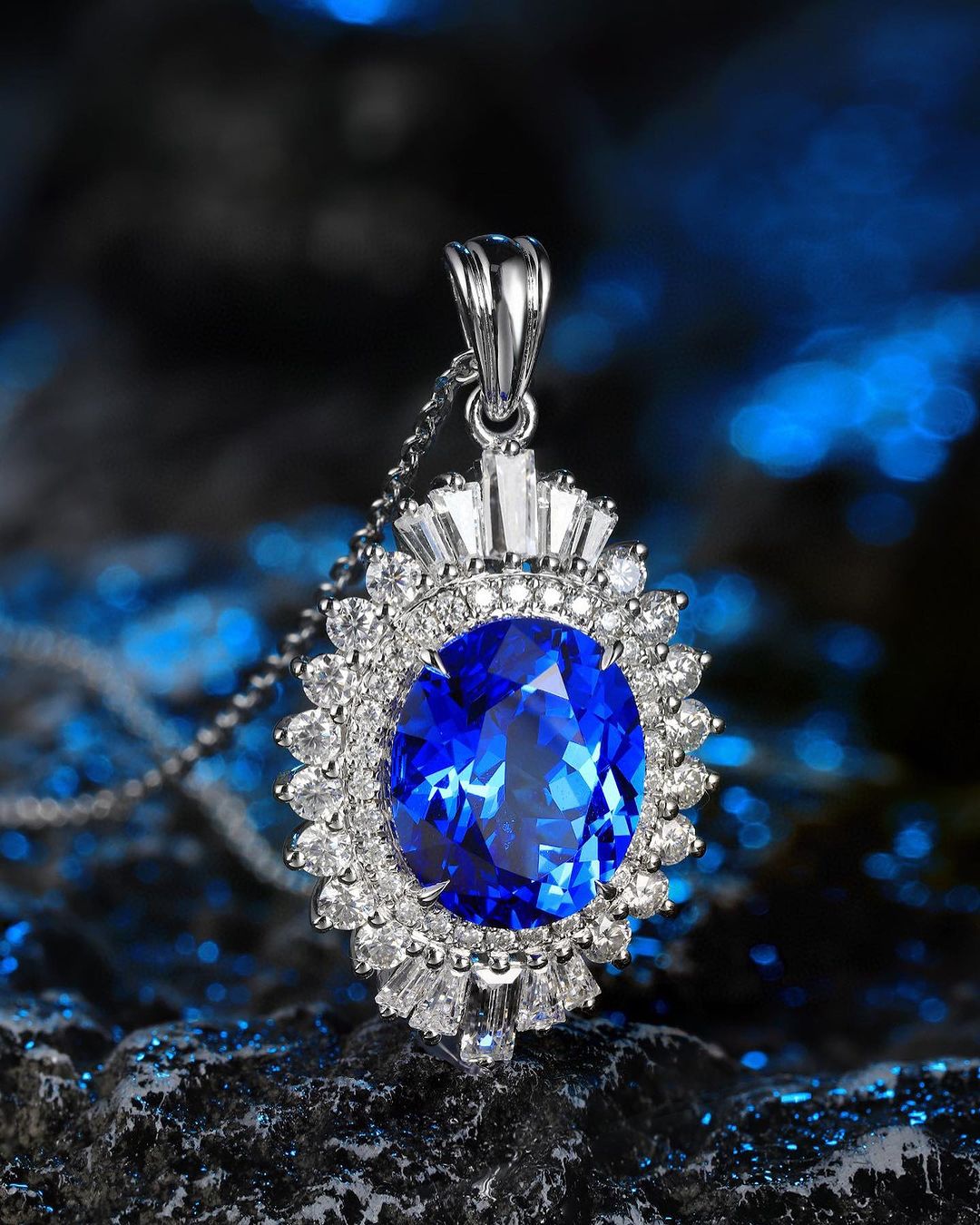 3.30Ct Blue Oval Cut Double Halo Pendant | Party Wear Pendant For Women | Bridal Jewelry | Special Event Pendant