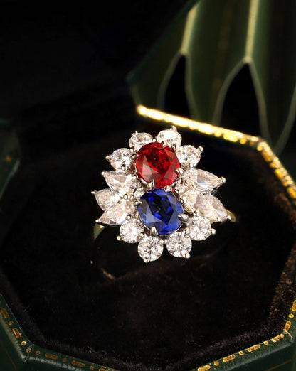 2.8CT Red And Blue Oval Cut Two Stone And Cluster Ring | Party Wear Ring For Her | Customize Jewelry | Special Occasion Ring
