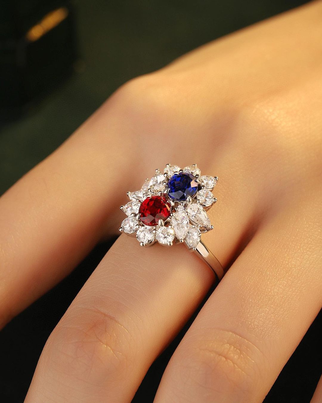 2.8CT Red And Blue Oval Cut Two Stone And Cluster Ring | Party Wear Ring For Her | Customize Jewelry | Special Occasion Ring