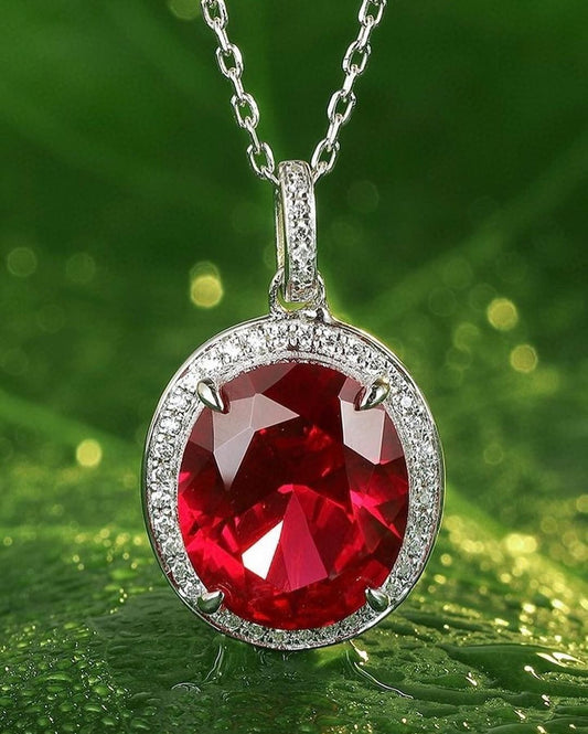 3.30Ct Red Oval Cut Solitaire With Halo Pendant | Party Wear Pendant | Wedding Gift For Women | Bridal Jewelry