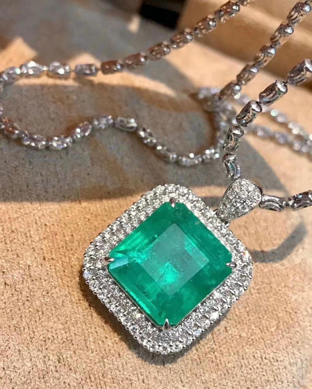 3.30Ct Green Emerald Cut Double Halo Pendant | Wedding Gift Pendant For Bridal | Birthstone Pendant | Luxury Jewelry