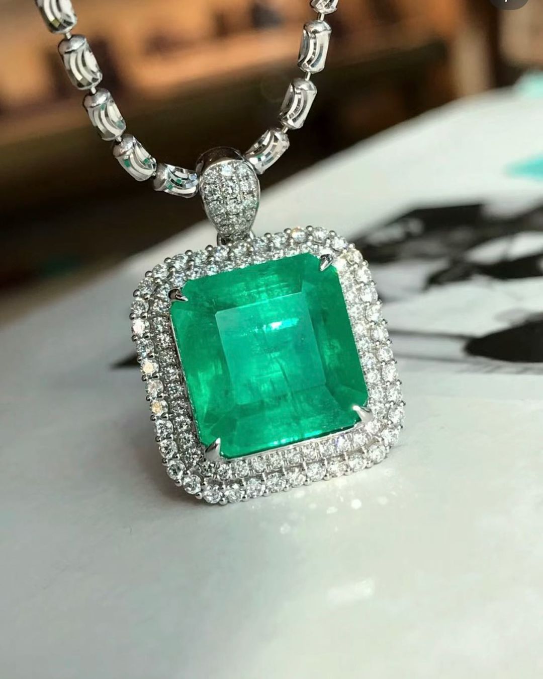 3.30Ct Green Emerald Cut Double Halo Pendant | Wedding Gift Pendant For Bridal | Birthstone Pendant | Luxury Jewelry