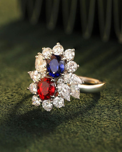 2.8CT Red And Blue Oval Cut Two Stone And Cluster Ring | Party Wear Ring For Her | Customize Jewelry | Special Occasion Ring