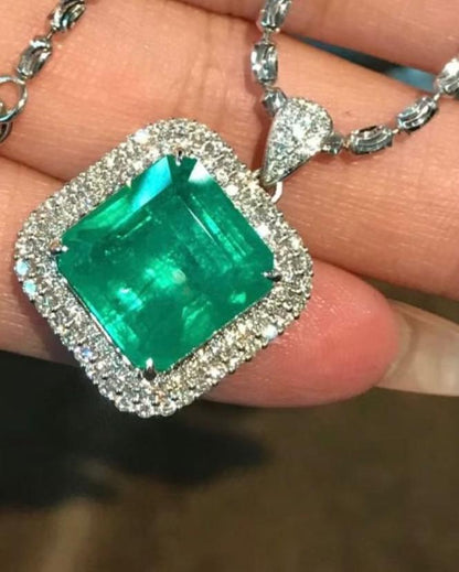 3.30Ct Green Emerald Cut Double Halo Pendant | Wedding Gift Pendant For Bridal | Birthstone Pendant | Luxury Jewelry