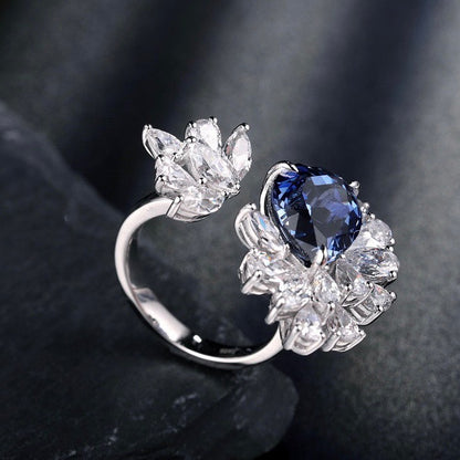 3.2CT Blue Pear Cut Solitaire With Cluster Ring | Open Ring For Women | Fashionable Ring | Elegant Design Ring