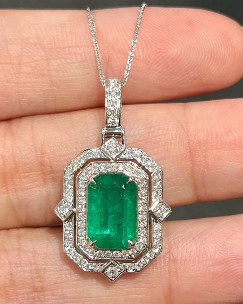 3.30Ct Green Emerald Cut Solitaire With Double Halo Pendant | Party Wear Pendant | Bride To Be | Sophisticated Pendant | Bridal Jewelry