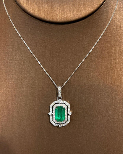 3.30Ct Green Emerald Cut Solitaire With Double Halo Pendant | Party Wear Pendant | Bride To Be | Sophisticated Pendant | Bridal Jewelry