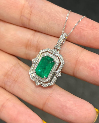 3.30Ct Green Emerald Cut Solitaire With Double Halo Pendant | Party Wear Pendant | Bride To Be | Sophisticated Pendant | Bridal Jewelry