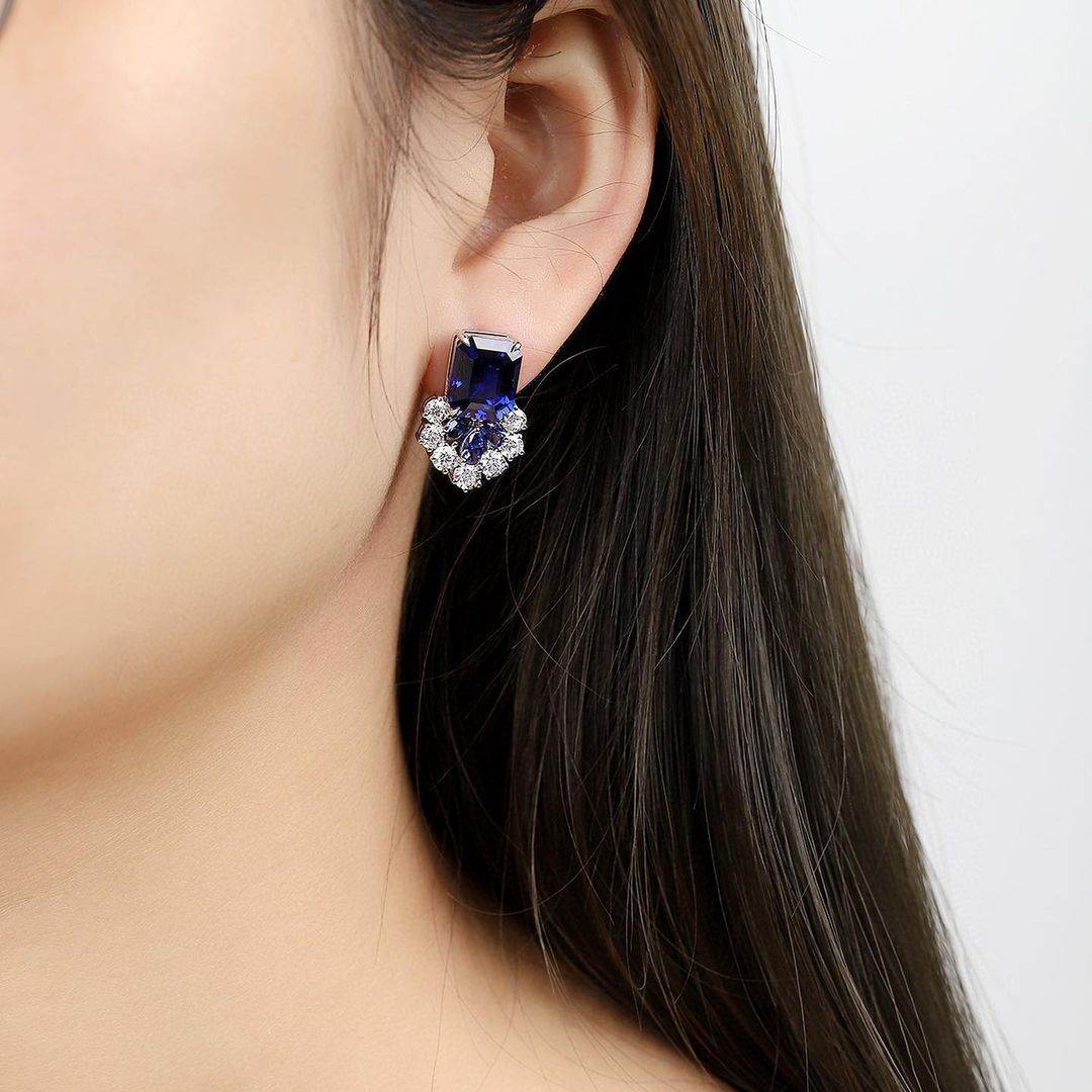 Blue Emerald Cut Cubic Zirconia Solitaire With Cluster Stud Earring | Party Wear Earring For Women | Celebrity Style Earring | Bridal Jewelry