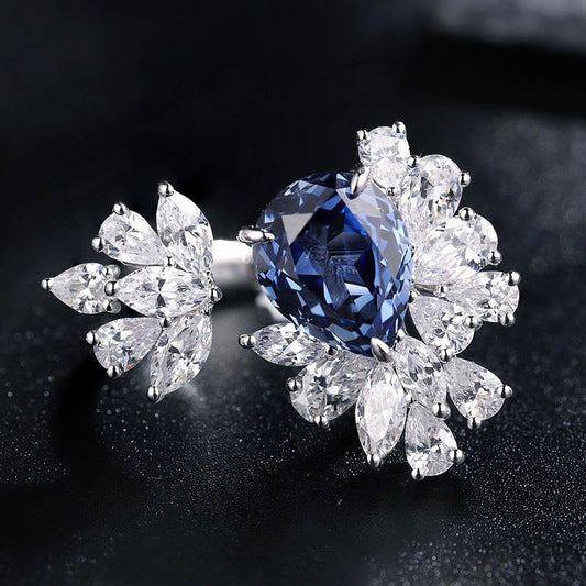 3.2CT Blue Pear Cut Solitaire With Cluster Ring | Open Ring For Women | Fashionable Ring | Elegant Design Ring