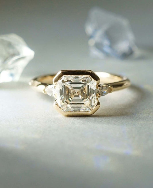 2.4CT White Asscher Cut Half Bezel Ring | Wedding Ring For Bridal | Statement Ring | Glamorous Ring