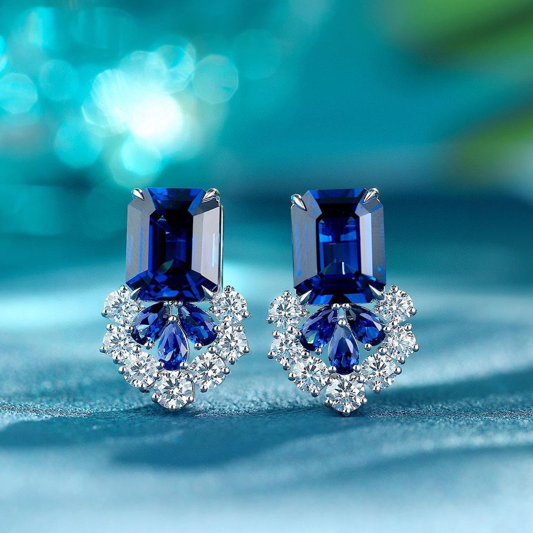 Blue Emerald Cut Cubic Zirconia Solitaire With Cluster Stud Earring | Party Wear Earring For Women | Celebrity Style Earring | Bridal Jewelry