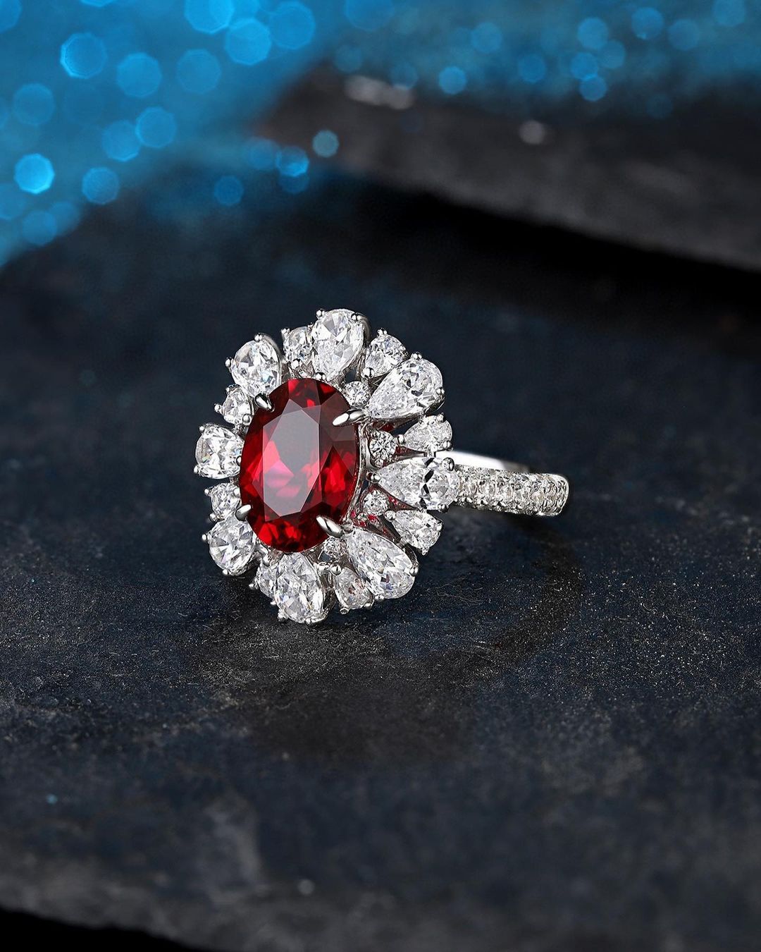 3.1Ct Red Oval Cut Halo Ring | Engagement Ring For Her | Statement Ring | Fashionable Ring