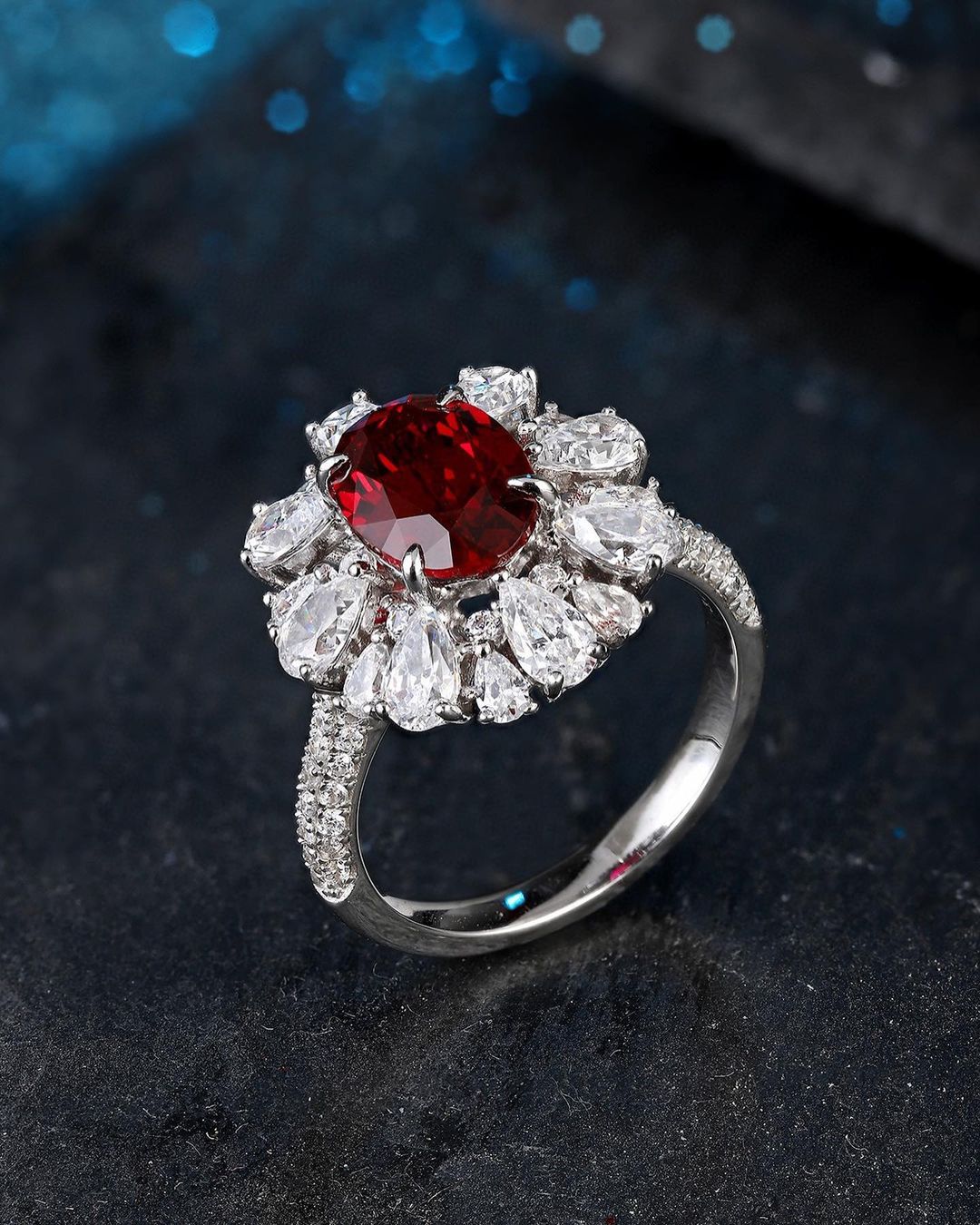 3.1Ct Red Oval Cut Halo Ring | Engagement Ring For Her | Statement Ring | Fashionable Ring