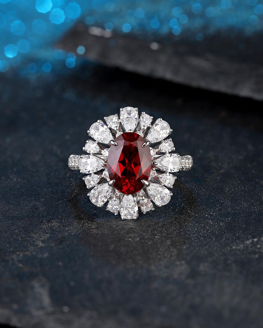 3.1Ct Red Oval Cut Halo Ring | Engagement Ring For Her | Statement Ring | Fashionable Ring