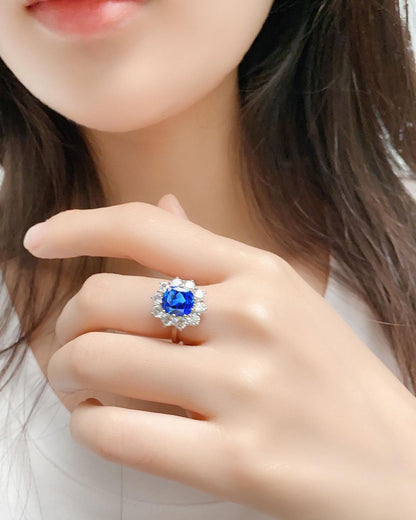 3.6CT Blue Cushion Cut Halo Ring | Flower Look Bridal Jewelry | Gift For Women | Statement Ring For Her