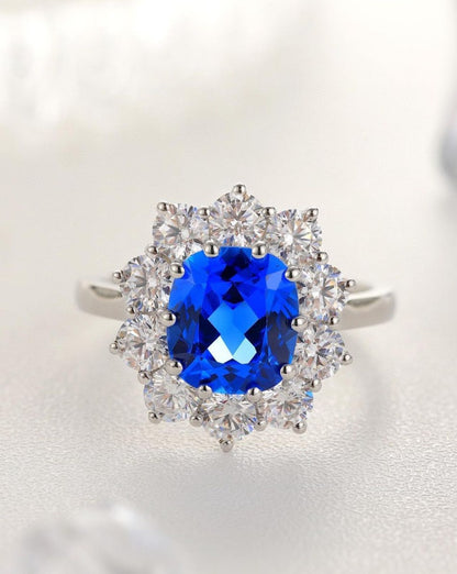 3.6CT Blue Cushion Cut Halo Ring | Flower Look Bridal Jewelry | Gift For Women | Statement Ring For Her