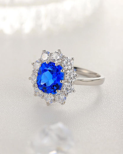 3.6CT Blue Cushion Cut Halo Ring | Flower Look Bridal Jewelry | Gift For Women | Statement Ring For Her