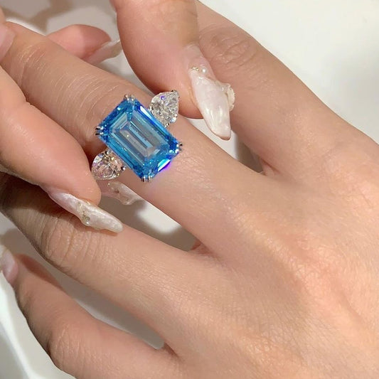 3.5Ct Blue Emerald Cut Three Stone Ring | Party Wear Ring For Women | Fashion Jewelry | Classic Ring