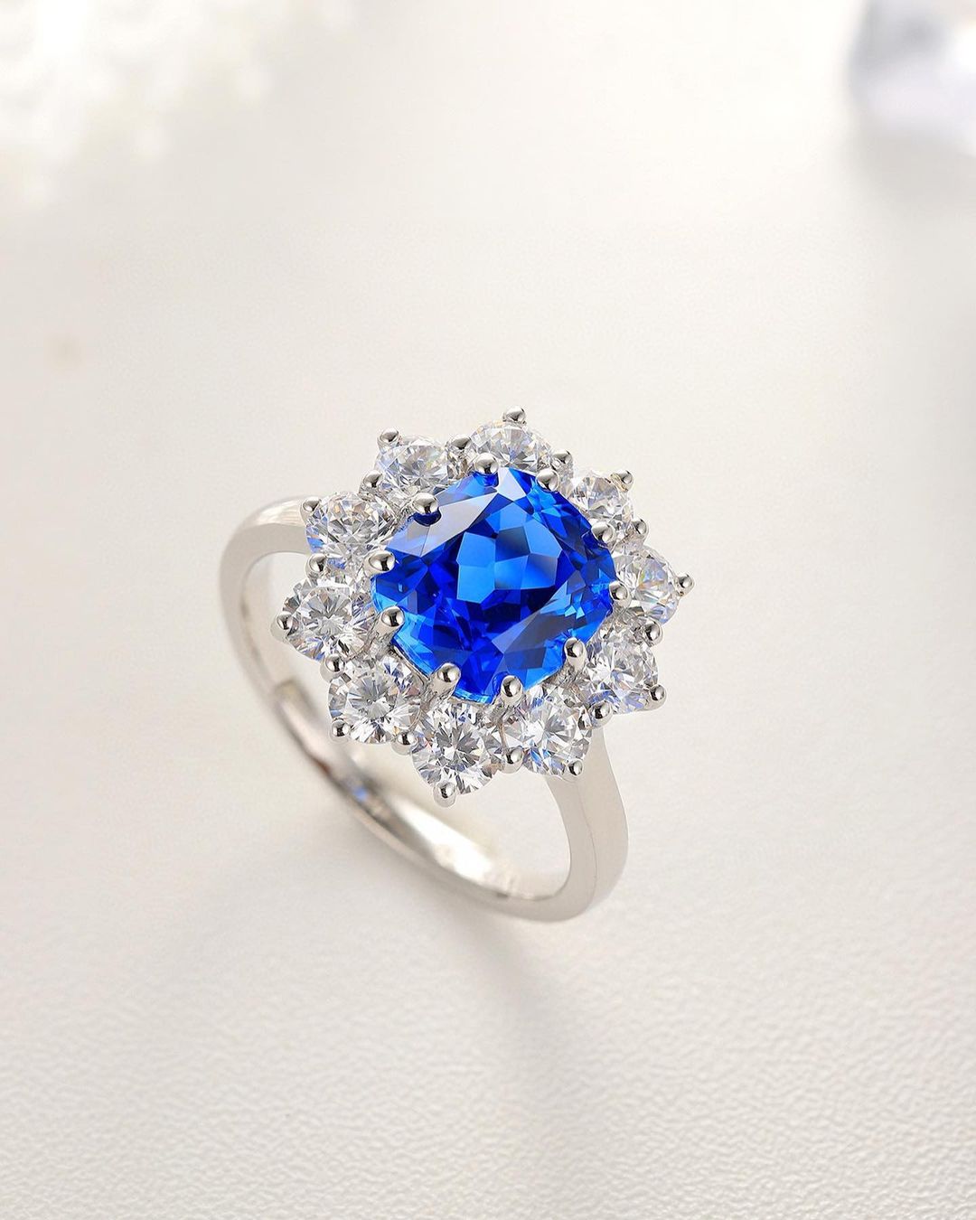 3.6CT Blue Cushion Cut Halo Ring | Flower Look Bridal Jewelry | Gift For Women | Statement Ring For Her