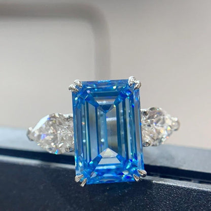 3.5Ct Blue Emerald Cut Three Stone Ring | Party Wear Ring For Women | Fashion Jewelry | Classic Ring