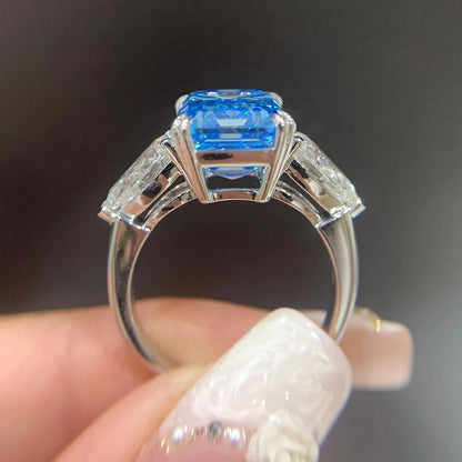 3.5Ct Blue Emerald Cut Three Stone Ring | Party Wear Ring For Women | Fashion Jewelry | Classic Ring