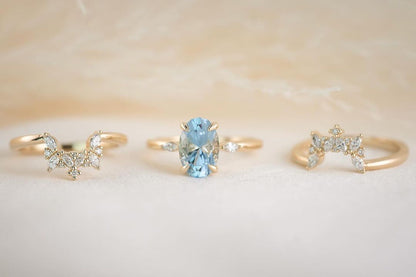 3.1Ct Blue Oval Cut Solitaire Ring Set | Bridal Wedding Ring Set | Triple Band Ring Set | Designer Jewelry