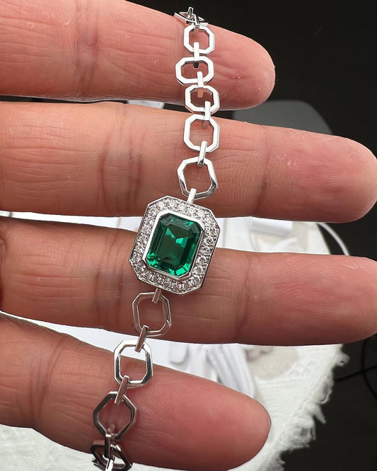 Green Emerald Brilliant Cut Signity Diamond Bezel With Halo Bracelet For Women | Party Wear Bracelet | Birthstone Gift Bracelet