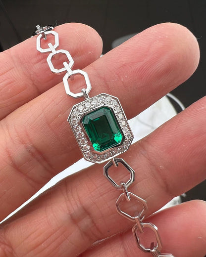 Green Emerald Brilliant Cut Signity Diamond Bezel With Halo Bracelet For Women | Party Wear Bracelet | Birthstone Gift Bracelet