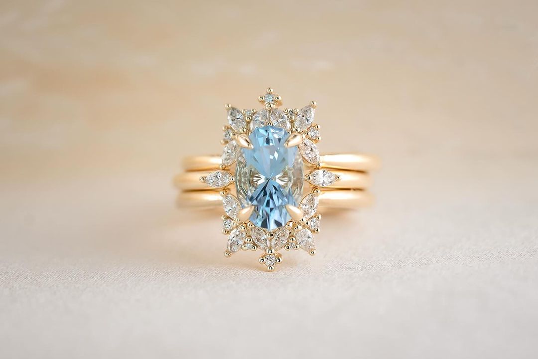 3.1Ct Blue Oval Cut Solitaire Ring Set | Bridal Wedding Ring Set | Triple Band Ring Set | Designer Jewelry