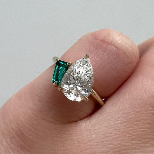 2.8Ct White Pear And Green Baguette Cut Two Stone Ring | Birthstone Ring | Toi Et Moi Ring | Gift For Women