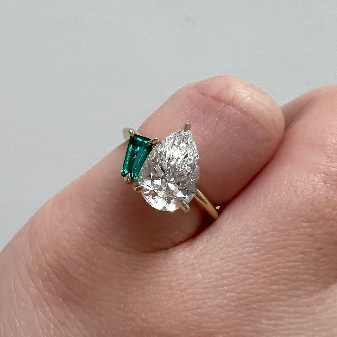 2.8Ct White Pear And Green Baguette Cut Two Stone Ring | Birthstone Ring | Toi Et Moi Ring | Gift For Women