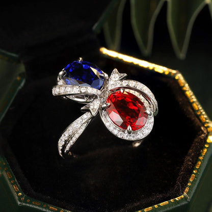 2.8CT Blue And Red Oval Cut Two Stone Ring | Birthstone Bridal Ring | Fancy Ring For Her | Designer Ring