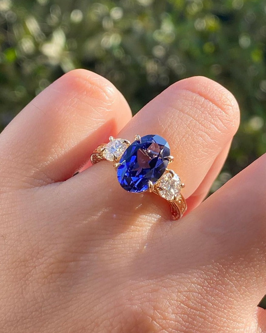 3.5Ct Blue Oval Cut Three Stone Ring | Party Wear Ring | Vintage Ring | Special Occasion Ring