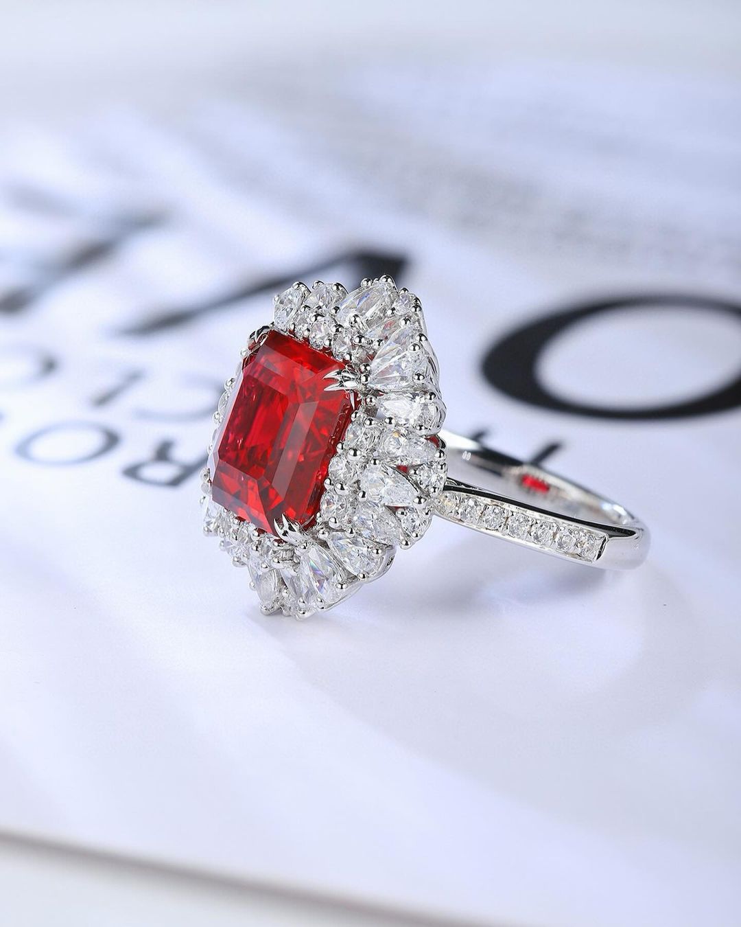 2.8Ct Red Asscher Cut Halo Ring | Party Wear Ring | Occasion Ring | Delicate Ring