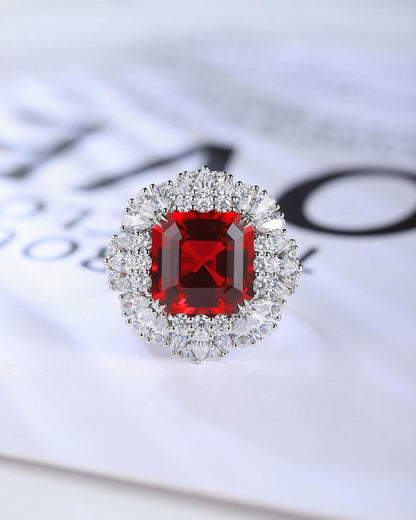 2.8Ct Red Asscher Cut Halo Ring | Party Wear Ring | Occasion Ring | Delicate Ring