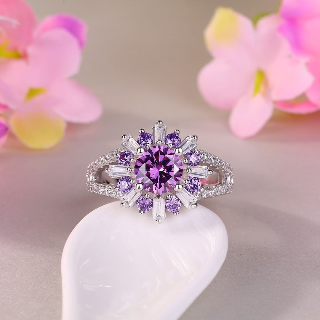 2.6Ct Purple Round Cut Solitaire Ring | Snow flack Ring | Fancy Ring | Thank You Gift Ring