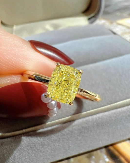 2.8Ct Canary Yellow Cushion Cut Solitaire Ring | Birthday Gift Ring For Mother | Stacking Ring For Her | Simple Design Ring For Women