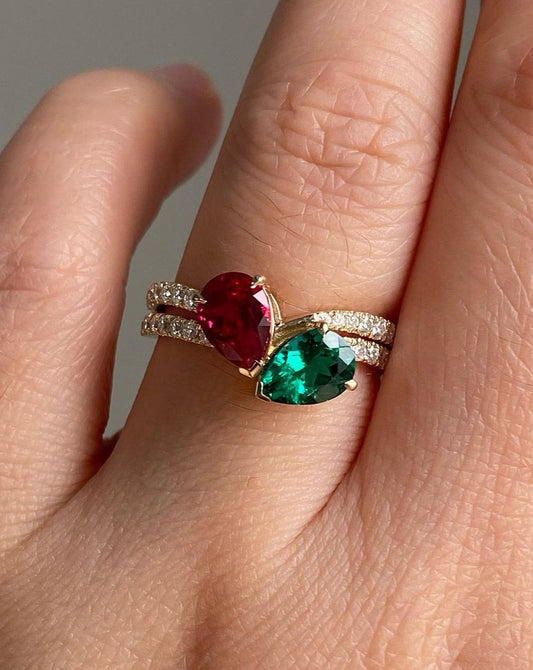 2.4Ct Red And Green Pear Cut Two Stone Ring | Wedding Ring For Her | Women Jewelry | Personalized Gift