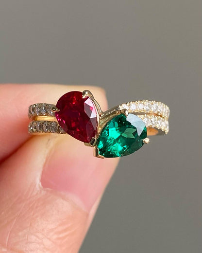 2.4Ct Red And Green Pear Cut Two Stone Ring | Wedding Ring For Her | Women Jewelry | Personalized Gift