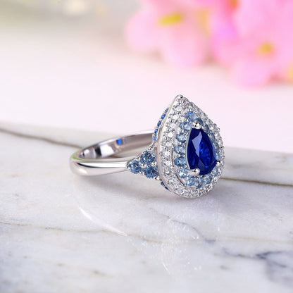 3.2CT Blue Pear Cut Double Halo Ring | Modern Bridal Ring | Fashionable Ring | Special Occasion Ring